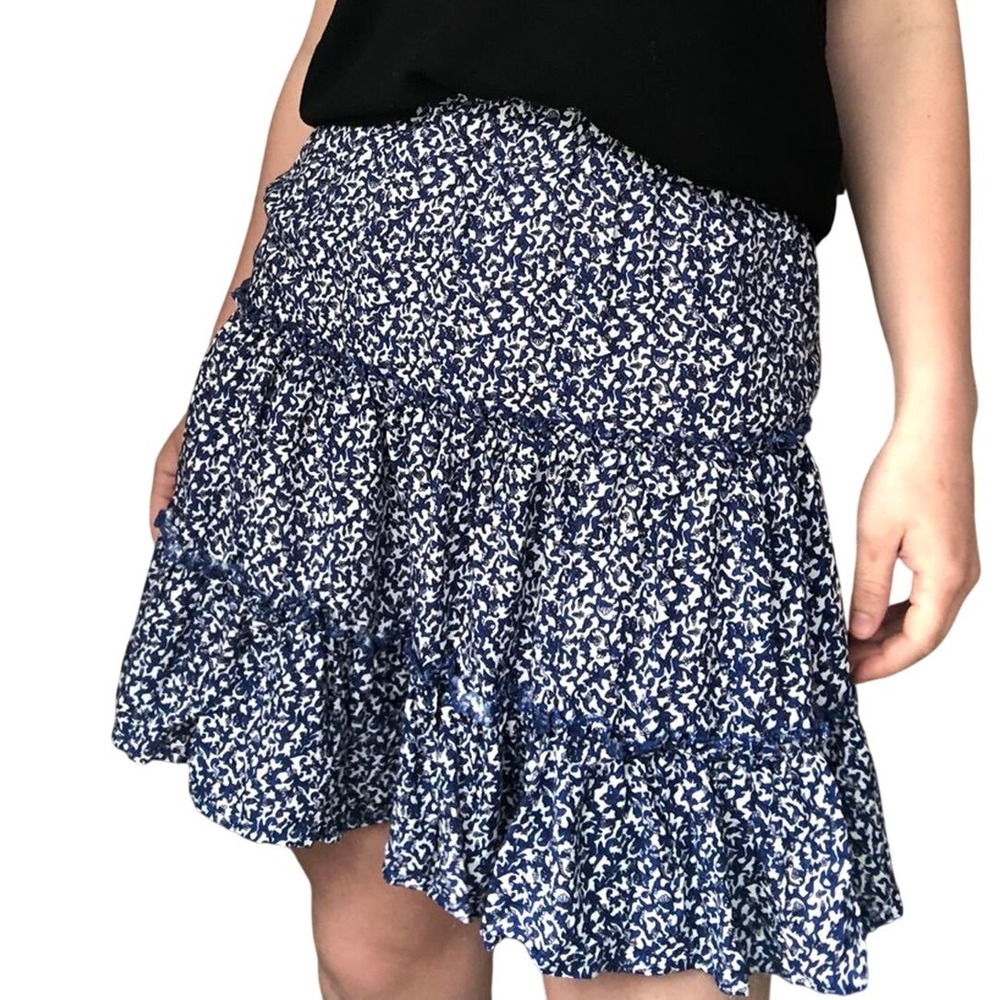 Navy Blue White Floral Ditsy Tiered Mini Skirt Boho Dainty Fem Cottagecore Fest